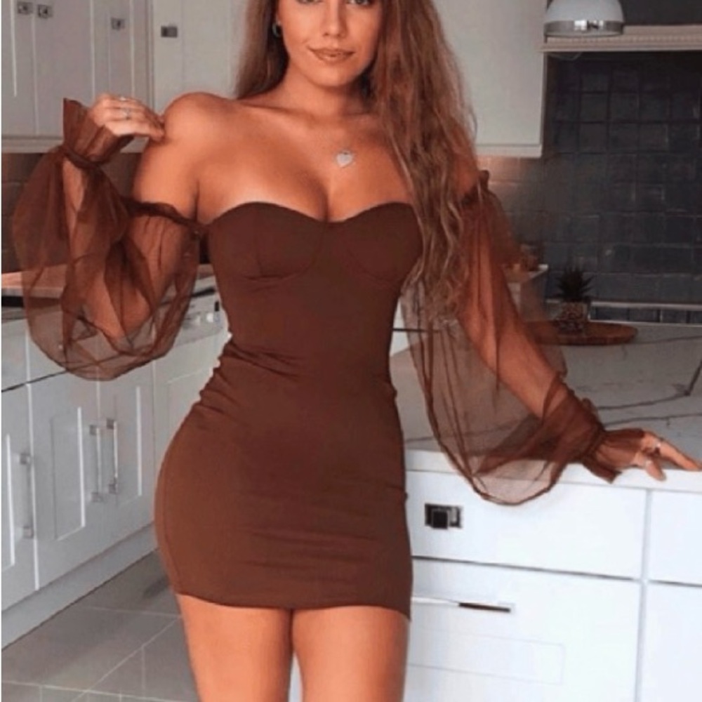 Parisian Works Brown Off-Shoulder Mini Dress